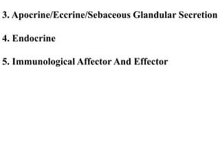 3. Apocrine/Eccrine/Sebaceous Glandular Secretion
4. Endocrine
5. Immunological Affector And Effector
 