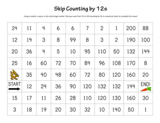 24 11 4 6 6 7 2 1 200 88
12 14 3 8 99 8 3 2 190 100
20 36 4 5 10 95 110 50 132 144
25 16 60 72 70 84 96 108 170 8
35 40 48 60 72 80 120 160 20
START 12 24 36 90 120 132 132 144 END!
15 17 11 26 28 110 120 130 160 30
3 18 19 20 30 32 10 140 50 1
Using a marker, crayon, or do-a-dot bingo marker, find your way from 12 to 144 counting by 12s in numerical order to complete the maze!
 