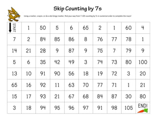 START
1 50 5 6 65 2 1 60 4
7 2 84 85 86 8 76 77 78 1
14 21 28 9 87 9 75 7 79 9
5 6 35 42 49 3 74 73 80 100
13 10 91 90 56 18 19 72 3 20
65 16 92 11 63 70 77 71 1 21
15 17 93 21 67 68 84 87 30 80
3 18 94 95 96 97 91 98 105 END!
Using a marker, crayon, or do-a-dot bingo marker, find your way from 7-105 counting by 7s in numerical order to complete the maze!
 