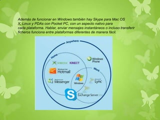 Además de funcionar en Windows también hay Skype para Mac OS
X, Linux y PDAs con Pocket PC, con un aspecto nativo para
cada plataforma. Hablar, enviar mensajes instantáneos o incluso transferir
ficheros funciona entre plataformas diferentes de manera fácil.
 