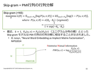 Copyright@2014 NTT DATA Mathematical Systems Inc. 
15 
Skip-gram = PMI行列の行列分解 
•最近、푘=1,푃푁(푢,푣)=푃퐷푢푃퐷푣 （ユニグラム分布の積）ととった Skip-gram モデルは PMI 行列の行列分解に相当することが示されました。 
•O. Levy+, “Neural Word Embedding as Implecit Matrix Factorization”, NIPS2014 
Skip-gram (+NS) maximize 휃 퐿(휃)=피푢,푣∼푃퐷[log푃(푢,푣;휃)]+푘피푢,푣∼푃푁log(1−푃(푢,푣;휃), 푤ℎ푒푟푒 푃푢,푣;휃=휎휃푢⋅휃푣 푠푖푔푚표푖푑 = 11+exp (−휃푢⋅휃푣) 
푢 
푣 
Pointwise Mutual Information 
푃푀퐼푢,푣=log 푃퐷푢,푣 푃퐷푢푃퐷(푣) 
PMI行列  