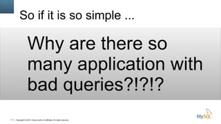 Copyright © 2016, Oracle and/or its affiliates. All rights reserved.17
So if it is so simple ...
Why are there so
many application with
bad queries?!?!?
 