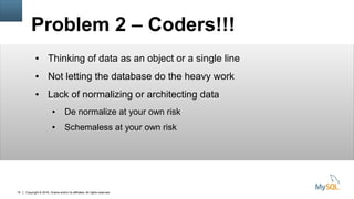 Copyright © 2016, Oracle and/or its affiliates. All rights reserved.19
Problem 2 – Coders!!!
● Thinking of data as an object or a single line
● Not letting the database do the heavy work
● Lack of normalizing or architecting data
● De normalize at your own risk
● Schemaless at your own risk
 