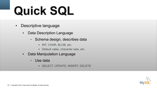 Copyright © 2016, Oracle and/or its affiliates. All rights reserved.20
Quick SQL
● Descriptive language
● Data Description Language
– Schema design, describes data
● INT, CHAR, BLOB, etc.
● Default vales, character sets, etc.
● Data Manipulation Language
– Use data
● SELECT, UPDATE, INSERT, DELETE
 