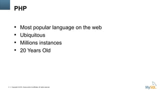 Copyright © 2016, Oracle and/or its affiliates. All rights reserved.4
PHP
 Most popular language on the web
 Ubiquitous
 Millions instances
 20 Years Old
 