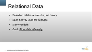 Copyright © 2016, Oracle and/or its affiliates. All rights reserved.8
Relational Data
● Based on relational calculus, set theory
● Been heavily used for decades
● Many vendors
● Goal: Store data efficiently
 