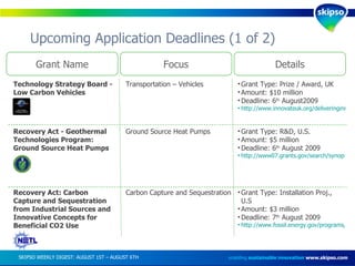 Upcoming Application Deadlines (1 of 2) enabling  sustainable innovation   www.skipso.com Grant Name Focus Details Technology Strategy Board - Low Carbon Vehicles Transportation – Vehicles Grant Type: Prize / Award, UK Amount: $10 million Deadline: 6 th  August2009 http://www.innovateuk.org/deliveringinnovation/forthcomingcompetitions.ashx   Recovery Act - Geothermal Technologies Program: Ground Source Heat Pumps  Ground Source Heat Pumps Grant Type: R&D, U.S. Amount: $5 million Deadline: 6 th  August 2009 http://www07.grants.gov/search/synopsis.do;jsessionid=T1VfK6QZq2GvrMKys1YP52TJg2Q3n0KPPsfVL331nRWYmznL7qbs!1656926990   Recovery Act: Carbon Capture and Sequestration from Industrial Sources and Innovative Concepts for Beneficial CO2 Use Carbon Capture and Sequestration Grant Type: Installation Proj., U.S Amount: $3 million Deadline: 7 th  August 2009 http://www.fossil.energy.gov/programs/sequestration/publications/arra/DE-FOA-0000015.pdf   SKIPSO WEEKLY DIGEST: AUGUST 1ST – AUGUST 6TH  
