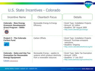 U.S. State Incentives - Colorado enabling  sustainable innovation   www.skipso.com Incentive Name Cleantech Focus Details Colorado - New Energy Economic Development Grant Program - ARRA Funds Renewable Energy & Energy Efficiency Grant Type: Installation Projects Amount: $2 million Deadline: 28 th  August 2009 http://www.colorado.gov/energy/   Project C - The Colorado Carbon Fund Carbon Offsets Grant Type: Installation Projects Amount: Purchase emissions reductions Deadline: Ongoing http://www.coloradocarbonfund.org/index.php/projects/developers/   Colorado - Sales and Use Tax Exemption for Renewable Energy Equipment Renewable Energy – applies to systems which produce electricity from a renewable resources Grant Type: Sales Tax Exemption Amount: 100% Deadline: 1 st  July 2017 http://www.dsireusa.org/incentives/incentive.cfm?Incentive_Code=CO160F&re=1&ee=1   SKIPSO WEEKLY DIGEST: AUGUST 1ST – AUGUST 6TH  