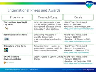 International Prizes and Awards enabling  sustainable innovation   www.skipso.com Prize Name Cleantech Focus Details The Lee Kuan Yew World City Prize Urban planning projects, urban policies and programmes, urban management, as well as applied technology in urban solutions. Grant Type: Prize / Award Amount: $210,000 Deadline: 30 th  November 2009 http://www.leekuanyewworldcityprize.com.sg/home.html   Volvo Environment Prize Outstanding innovations or scientific discoveries in environmental and sustainability fields Grant Type: Prize / Award Amount: $190,000 Deadline: 15 th  November 2009 http://www.environment-prize.com/   Champions of the Earth Renewable Energy – applies to systems which produce electricity from a renewable resources Grant Type: Prize / Award Amount: Non-monetary Deadline: 1 st  December 2009 http://www.unep.org/champions/   UNEP Sasakawa Environment Prize Green Solutions to Combat Climate Change Grant Type: Prize / Award Amount: $200,000 Deadline: 30 th  September 2009 http://www.unep.org/sasakawa/about.asp   SKIPSO WEEKLY DIGEST: AUGUST 1ST – AUGUST 6TH  