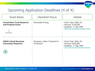 Upcoming Application Deadlines (4 of 4) enabling  sustainable innovation   www.skipso.com Grant Name Cleantech Focus Details Leverhulme Trust Research and Projects Grant Renewable Energy Grant Type: R&D, EU Amount: £250,000 Deadline: 1 st  Sep 2009 http://www.leverhulme.ac.uk/grants_awards/grants/research_project_grants/ USDA's Small Business Innovation Research Emissions, Water Treatment & Purification Grant Type: R&D, US Amount: $350,000 Deadline: 3 rd  Sep 2009 http://cfpub.epa.gov/fedfund/program.cfm?prog_num=110 SKIPSO WEEKLY DIGEST: AUGUST 21 st  – AUGUST 28 th   