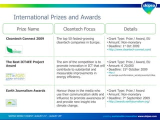 International Prizes and Awards  enabling  sustainable innovation   www.skipso.com Prize Name Cleantech Focus Details Cleantech Connect 2009 The top 50 fastest-growing cleantech companies in Europe. Grant Type: Prize / Award, EU Amount: Non-monetary Deadline: 1 st  Oct 2009 http://www.cleantech-connect.com /   The Best ICT4EE Project Award  The aim of the competition is to promote innovation in ICT that will contribute to substantial and measurable improvements in energy efficiency. Grant Type: Prize / Award, EU Amount: € 20,000 Deadline: 15 th  October 2009 http:// ec.europa.eu/information_society/events/ict4ee/2009/award/index_en.htm   SKIPSO WEEKLY DIGEST: AUGUST 21 st  – AUGUST 28 th   Earth Journalism Awards Honour those in the media who use their communication skills and influence to promote awareness of and provide new insight into climate change. Grant Type: Prize / Award  Amount: Non-monetary Deadline: 7 th  September 2009 http://awards.earthjournalism.org /   