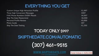 EVERYTHING YOU GET 
Custom Unique High Attraction Profile $1,997 
Three High Conversion Messages $997 
FIVE Phone Numbers ...