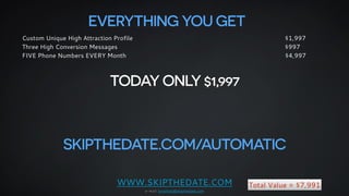 EVERYTHING YOU GET 
Custom Unique High Attraction Profile $1,997 
Three High Conversion Messages $997 
FIVE Phone Numbers ...