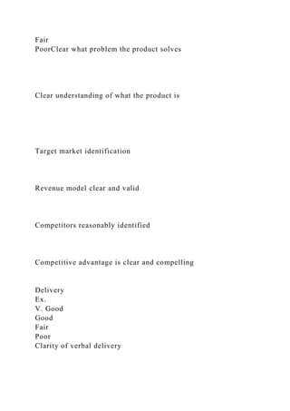 Fair
PoorClear what problem the product solves
Clear understanding of what the product is
Target market identification
Revenue model clear and valid
Competitors reasonably identified
Competitive advantage is clear and compelling
Delivery
Ex.
V. Good
Good
Fair
Poor
Clarity of verbal delivery
 