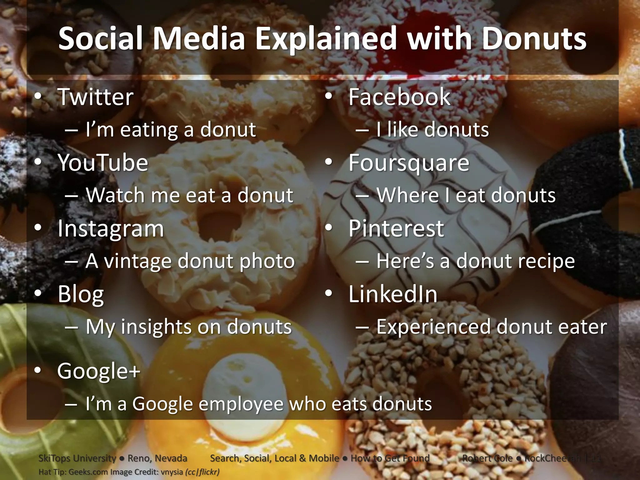 Social Media Explained with Donuts
• Twitter                                                                • Facebook
       – I’m eating a donut                                                     – I like donuts
• YouTube                                                                • Foursquare
       – Watch me eat a donut                                                   – Where I eat donuts
• Instagram                                                              • Pinterest
       – A vintage donut photo                                                  – Here’s a donut recipe
• Blog                                                                   • LinkedIn
       – My insights on donuts                                                  – Experienced donut eater
• Google+
       – I’m a Google employee who eats donuts

SkiTops University ● Reno, Nevada               Search, Social, Local & Mobile ● How to Get Found   Robert Cole ● RockCheetah | 11
Hat Tip: Geeks.com Image Credit: vnysia (cc|flickr)
 