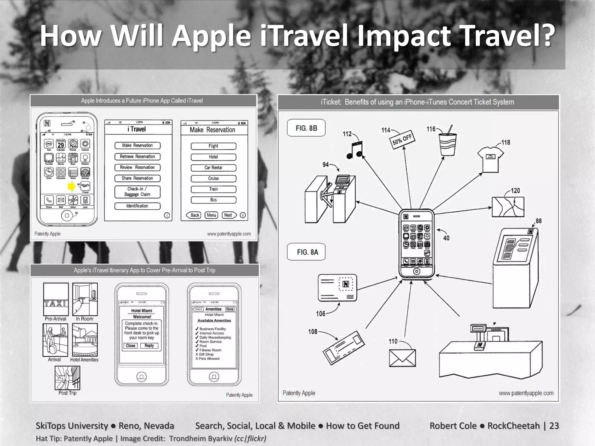 How Will Apple iTravel Impact Travel?




SkiTops University ● Reno, Nevada              Search, Social, Local & Mobile ● How to Get Found   Robert Cole ● RockCheetah | 23
Hat Tip: Patently Apple | Image Credit: Trondheim Byarkiv (cc|flickr)
 