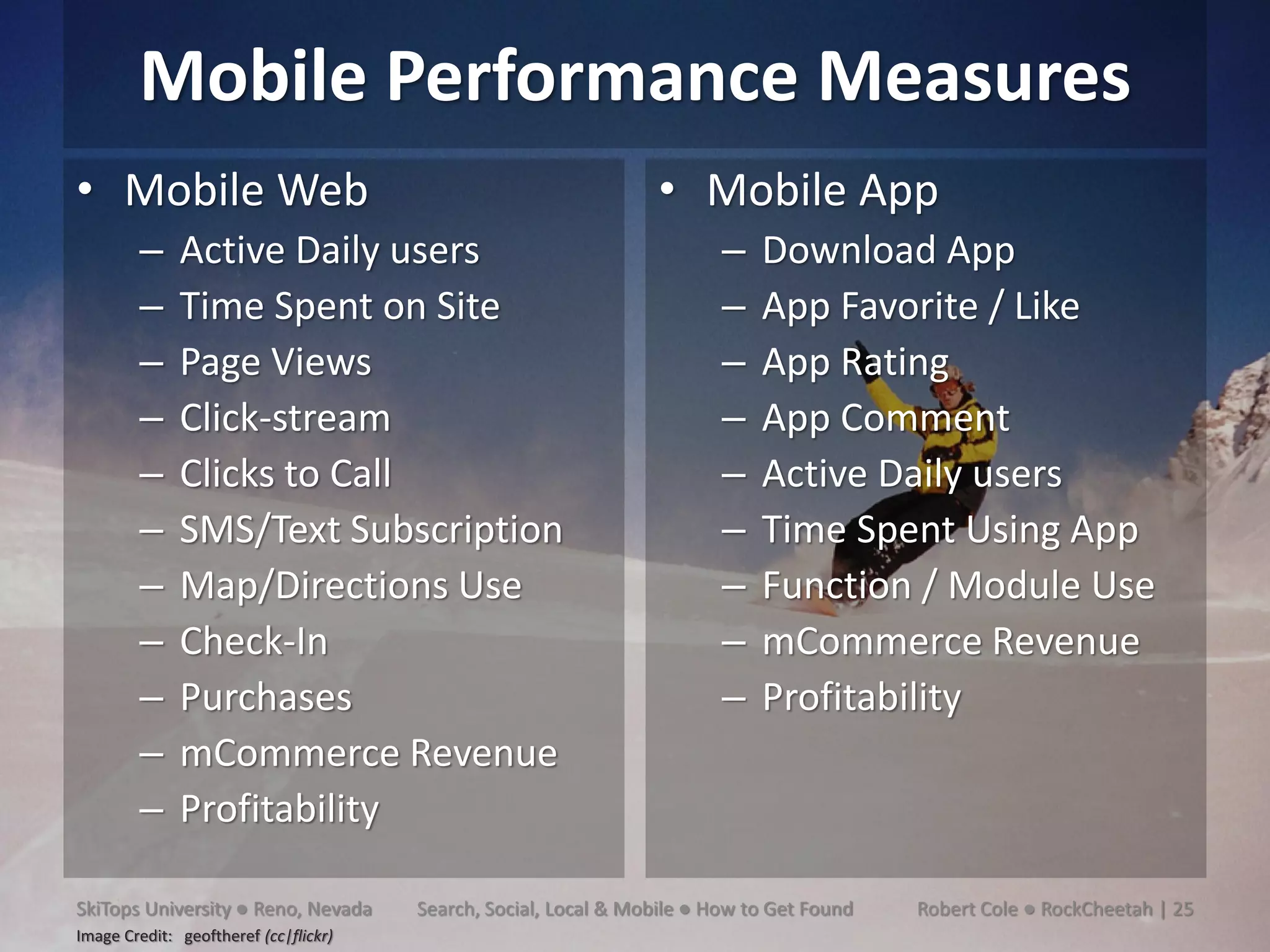 Mobile Performance Measures
• Mobile Web                                                      • Mobile App
        –     Active Daily users                                         –   Download App
        –     Time Spent on Site                                         –   App Favorite / Like
        –     Page Views                                                 –   App Rating
        –     Click-stream                                               –   App Comment
        –     Clicks to Call                                             –   Active Daily users
        –     SMS/Text Subscription                                      –   Time Spent Using App
        –     Map/Directions Use                                         –   Function / Module Use
        –     Check-In                                                   –   mCommerce Revenue
        –     Purchases                                                  –   Profitability
        –     mCommerce Revenue
        –     Profitability

SkiTops University ● Reno, Nevada      Search, Social, Local & Mobile ● How to Get Found   Robert Cole ● RockCheetah | 25
Image Credit: geoftheref (cc|flickr)
 