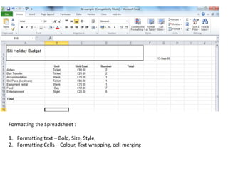 Formatting the Spreadsheet :
1. Formatting text – Bold, Size, Style,
2. Formatting Cells – Colour, Text wrapping, cell merging

 