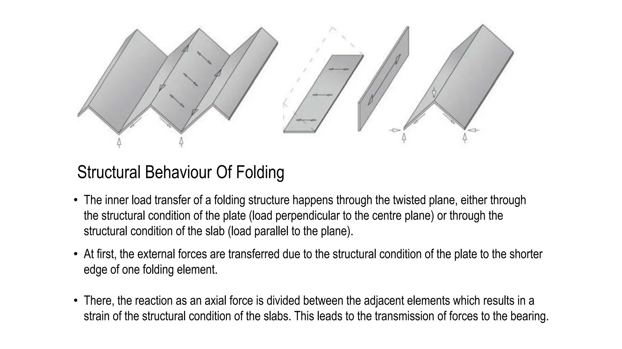 Structural Behaviour Of Folding
• The inner load transfer of a folding structure happens through the twisted plane, either through
the structural condition of the plate (load perpendicular to the centre plane) or through the
structural condition of the slab (load parallel to the plane).
• At first, the external forces are transferred due to the structural condition of the plate to the shorter
edge of one folding element.
• There, the reaction as an axial force is divided between the adjacent elements which results in a
strain of the structural condition of the slabs. This leads to the transmission of forces to the bearing.
 