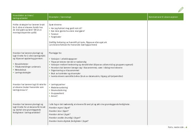 Skjema for observasjon og veiledning av nye lærere forsterket lærerut…