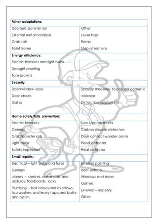 Minor adaptations:
Doorbell, banister rail
External metal handrails
Grab rails
Toilet frame
Other
Lever taps
Ramp
Step alterations
Energy efficiency:
Electric blankets and light bulbs
Draught proofing
Tank jackets
Security:
Door/window locks
Door chains
Gates
Security measures to prevent domestic
violence
Distraction burglary kits
Home safety/falls prevention:
Electric blankets
General
Grab/banister rails
Light bulbs
Safety inspection
Sure Start measures
Carbon dioxide detectors
Door contact wander alarm
Flood detector
Heat detector
Small repairs:
Electrical – light bulbs and fuses
General
Joinery – shelves, curtain rails and
pictures, floorboards, locks
Plumbing – ball valves and overflows,
tap washers and leaky taps, seal baths
and basins
External painting
Roof surface
Windows and doors
Gutters
External – masonry
Other
 