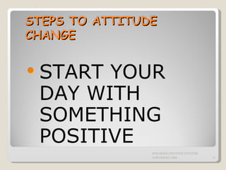 STEPS TO ATTITUDE CHANGE START YOUR DAY WITH SOMETHING POSITIVE SURAKSHA SUCCESS SYSTEMS COPYRIGHT 2009 