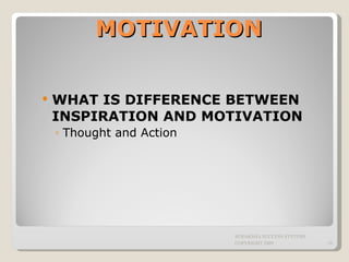 MOTIVATION WHAT IS DIFFERENCE BETWEEN INSPIRATION AND MOTIVATION Thought and Action SURAKSHA SUCCESS SYSTEMS COPYRIGHT 2009 