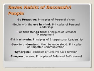 Seven Habits of Successful People   Be  Proactive : Principles of Personal Vision  Begin with the  end  in mind : Principles of Personal Leadership  Put  first things first : principles of Personal Management  Think  win-win : Principles of Interpersonal Leadership  Seek to  understand , then be understood: Principles of Empathic Communication  Synergize : Principles of Creative Co-operation  Sharpen  the saw: Principles of Balanced Self-renewal   SURAKSHA SUCCESS SYSTEMS COPYRIGHT 2009 