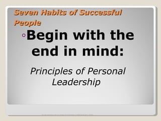 Seven Habits of Successful People   Begin with the end in mind: Principles of Personal Leadership  SURAKSHA SUCCESS SYSTEMS COPYRIGHT 2009 