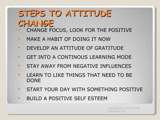 STEPS TO ATTITUDE CHANGE CHANGE FOCUS, LOOK FOR THE POSITIVE MAKE A HABIT OF DOING IT NOW DEVELOP AN ATTITUDE OF GRATITUDE GET INTO A CONTINOUS LEARNING MODE STAY AWAY FROM NEGATIVE INFLUENCES LEARN TO LIKE THINGS THAT NEED TO BE DONE START YOUR DAY WITH SOMETHING POSITIVE BUILD A POSITIVE SELF ESTEEM SURAKSHA SUCCESS SYSTEMS COPYRIGHT 2009 