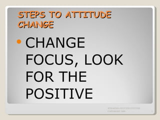 STEPS TO ATTITUDE CHANGE CHANGE FOCUS, LOOK FOR THE POSITIVE SURAKSHA SUCCESS SYSTEMS COPYRIGHT 2009 