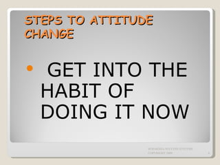STEPS TO ATTITUDE CHANGE GET INTO THE HABIT OF DOING IT NOW SURAKSHA SUCCESS SYSTEMS COPYRIGHT 2009 