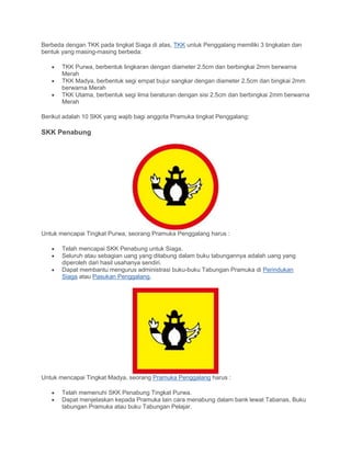 Berbeda dengan TKK pada tingkat Siaga di atas, TKK untuk Penggalang memiliki 3 tingkatan dan
bentuk yang masing-masing berbeda:
• TKK Purwa, berbentuk lingkaran dengan diameter 2.5cm dan berbingkai 2mm berwarna
Merah
• TKK Madya, berbentuk segi empat bujur sangkar dengan diameter 2.5cm dan bingkai 2mm
berwarna Merah
• TKK Utama, berbentuk segi lima beraturan dengan sisi 2.5cm dan berbingkai 2mm berwarna
Merah
Berikut adalah 10 SKK yang wajib bagi anggota Pramuka tingkat Penggalang:
SKK Penabung
Untuk mencapai Tingkat Purwa, seorang Pramuka Penggalang harus :
• Telah mencapai SKK Penabung untuk Siaga.
• Seluruh atau sebagian uang yang ditabung dalam buku tabungannya adalah uang yang
diperoleh dari hasil usahanya sendiri.
• Dapat membantu mengurus administrasi buku-buku Tabungan Pramuka di Perindukan
Siaga atau Pasukan Penggalang.
Untuk mencapai Tingkat Madya, seorang Pramuka Penggalang harus :
• Telah memenuhi SKK Penabung Tingkat Purwa.
• Dapat menjelaskan kepada Pramuka lain cara menabung dalam bank lewat Tabanas, Buku
tabungan Pramuka atau buku Tabungan Pelajar.
 