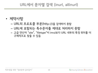 Samsung Library Education10학부생을 위한 “정보탐색 길라잡이”
• 제약사항
– URL의 프로토콜 부분(http://)을 검색하지 못함
– URL에 포함되는 특수문자를 제대로 처리하지 못함
– 고급 연산자 “site”, “filetype”이 inrul보다 URL 내부의 특정 위치를 더
구체적으로 찾을 수 있음
URL에서 문자열 검색 (inurl, allinurl)
 