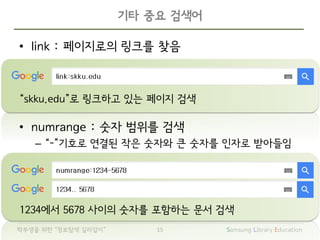 Samsung Library Education15학부생을 위한 “정보탐색 길라잡이”
“skku.edu”로 링크하고 있는 페이지 검색
• link : 페이지로의 링크를 찾음
기타 중요 검색어
1234에서 5678 사이의 숫자를 포함하는 문서 검색
• numrange : 숫자 범위를 검색
– “-”기호로 연결된 작은 숫자와 큰 숫자를 인자로 받아들임
 