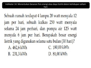 Indikator 14. Menentukan besaran fisis energi atau daya listrik dalam kehidupan sehari-hari. 
 