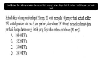 Indikator 14. Menentukan besaran fisis energi atau daya listrik dalam kehidupan sehari-hari. 
 