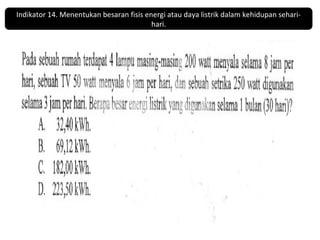 Indikator 14. Menentukan besaran fisis energi atau daya listrik dalam kehidupan sehari-hari. 
 