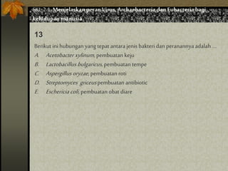Berikut ini hubungan yang tepat antara jenis bakteri dan peranannya adalah ....
A. Acetobacterxylinum, pembuatan keju
B. Lactobacillus bulgaricus, pembuatan tempe
C. Aspergillus oryzae, pembuatan roti
D. Streptomyces griceuspembuatan antibiotic
E. Eschericia coli,pembuatan obat diare
13
SKL 2.1.Menjelaskan peran Virus,Archaebacteria dan Eubacteria bagi
kehidupan manusia
 