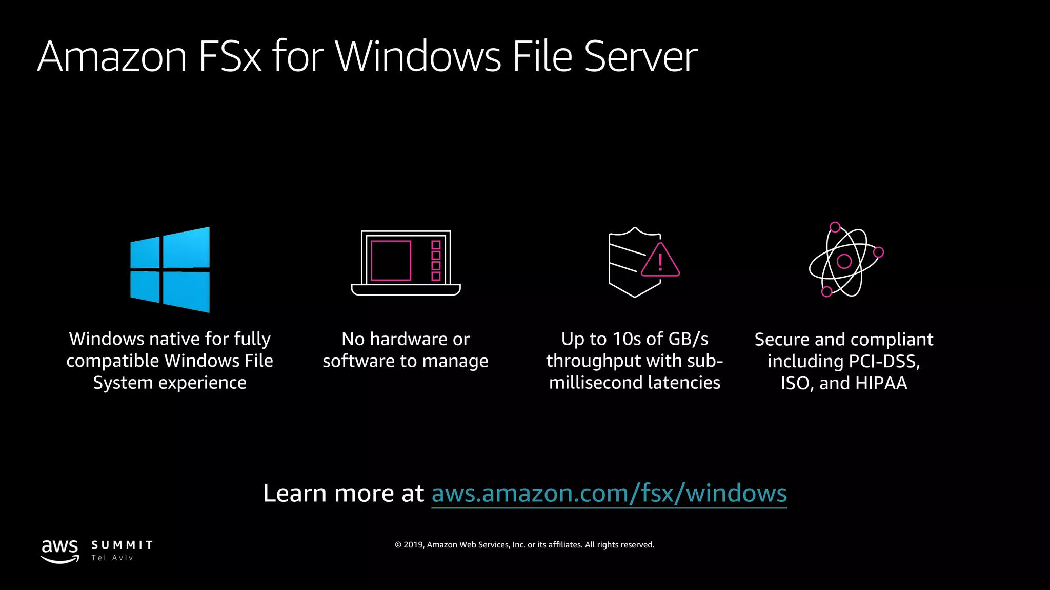 © 2019, Amazon Web Services, Inc. or its affiliates. All rights reserved.
Amazon FSx for Windows File Server
Learn more at aws.amazon.com/fsx/windows
Windows native for fully
compatible Windows File
System experience
Secure and compliant
including PCI-DSS,
ISO, and HIPAA
No hardware or
software to manage
Up to 10s of GB/s
throughput with sub-
millisecond latencies
 