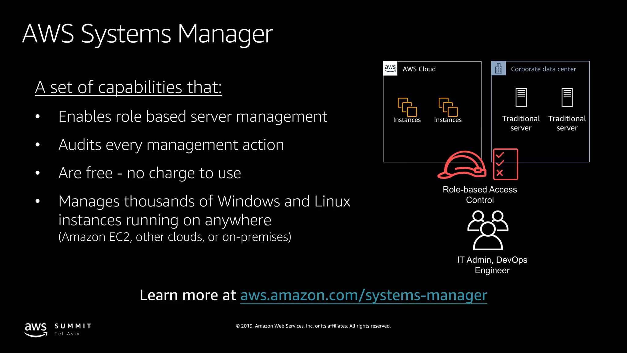 © 2019, Amazon Web Services, Inc. or its affiliates. All rights reserved.
AWS Systems Manager
IT Admin, DevOps
Engineer
Role-based Access
Control
A set of capabilities that:
• Enables role based server management
• Audits every management action
• Are free - no charge to use
• Manages thousands of Windows and Linux
instances running on anywhere
(Amazon EC2, other clouds, or on-premises)
AWS Cloud Corporate data center
Traditional
server
Traditional
server
Instances Instances
Learn more at aws.amazon.com/systems-manager
 