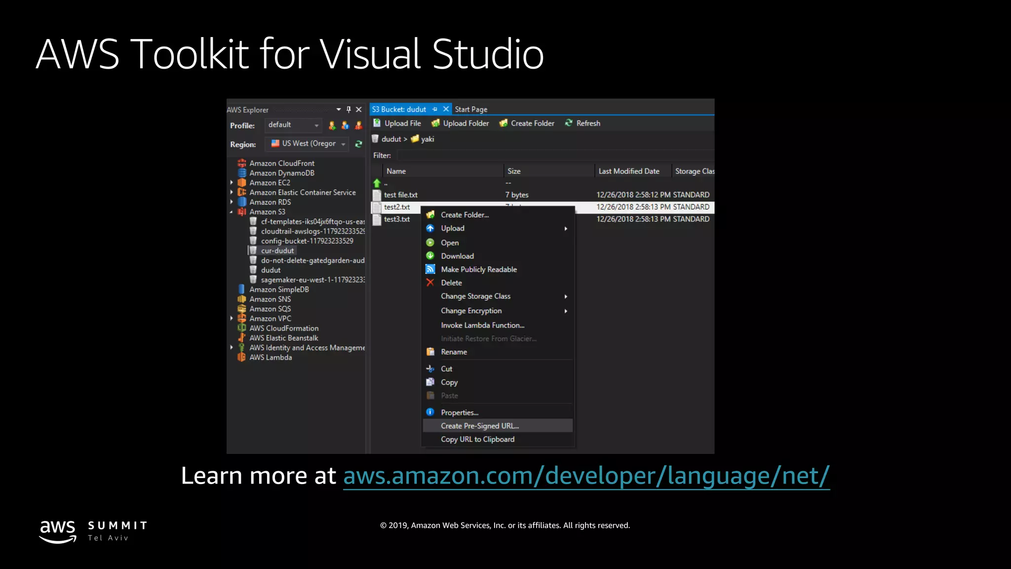 © 2019, Amazon Web Services, Inc. or its affiliates. All rights reserved.
AWS Toolkit for Visual Studio
Learn more at aws.amazon.com/developer/language/net/
 