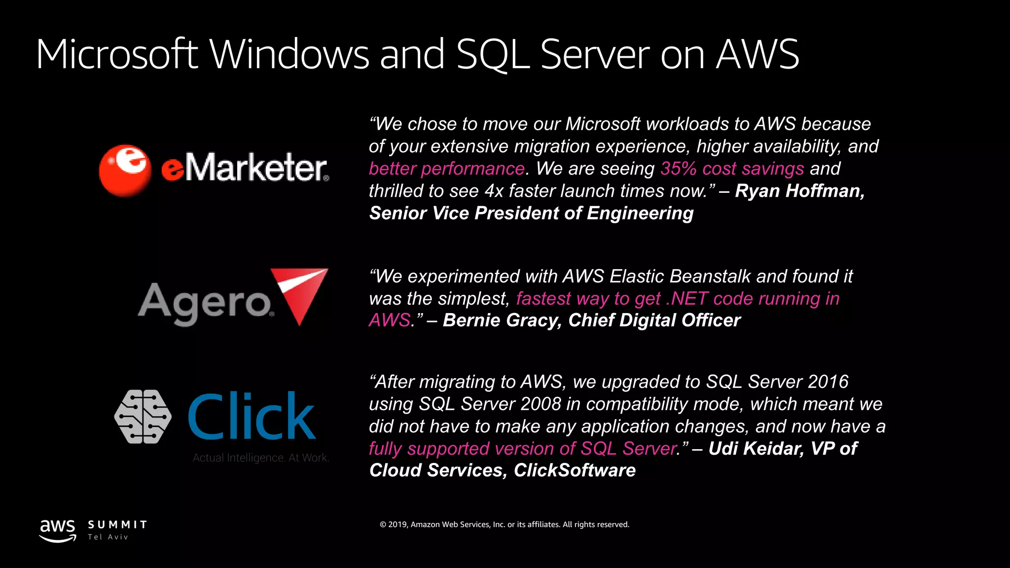 © 2019, Amazon Web Services, Inc. or its affiliates. All rights reserved.
Microsoft Windows and SQL Server on AWS
“We chose to move our Microsoft workloads to AWS because
of your extensive migration experience, higher availability, and
better performance. We are seeing 35% cost savings and
thrilled to see 4x faster launch times now.” – Ryan Hoffman,
Senior Vice President of Engineering
“We experimented with AWS Elastic Beanstalk and found it
was the simplest, fastest way to get .NET code running in
AWS.” – Bernie Gracy, Chief Digital Officer
“After migrating to AWS, we upgraded to SQL Server 2016
using SQL Server 2008 in compatibility mode, which meant we
did not have to make any application changes, and now have a
fully supported version of SQL Server.” – Udi Keidar, VP of
Cloud Services, ClickSoftware
 