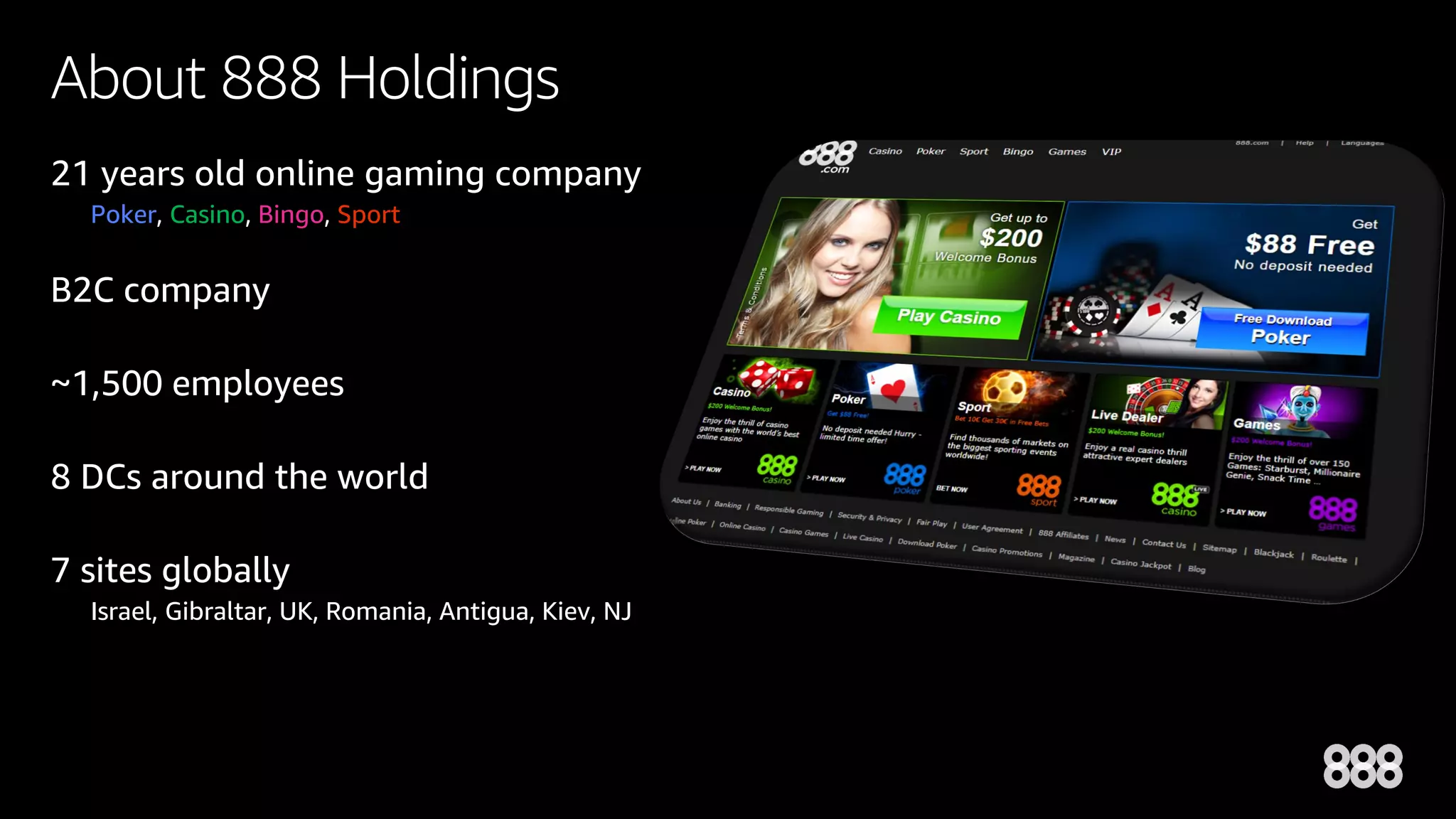 About 888 Holdings
21 years old online gaming company
Poker, Casino, Bingo, Sport
B2C company
~1,500 employees
8 DCs around the world
7 sites globally
Israel, Gibraltar, UK, Romania, Antigua, Kiev, NJ
 