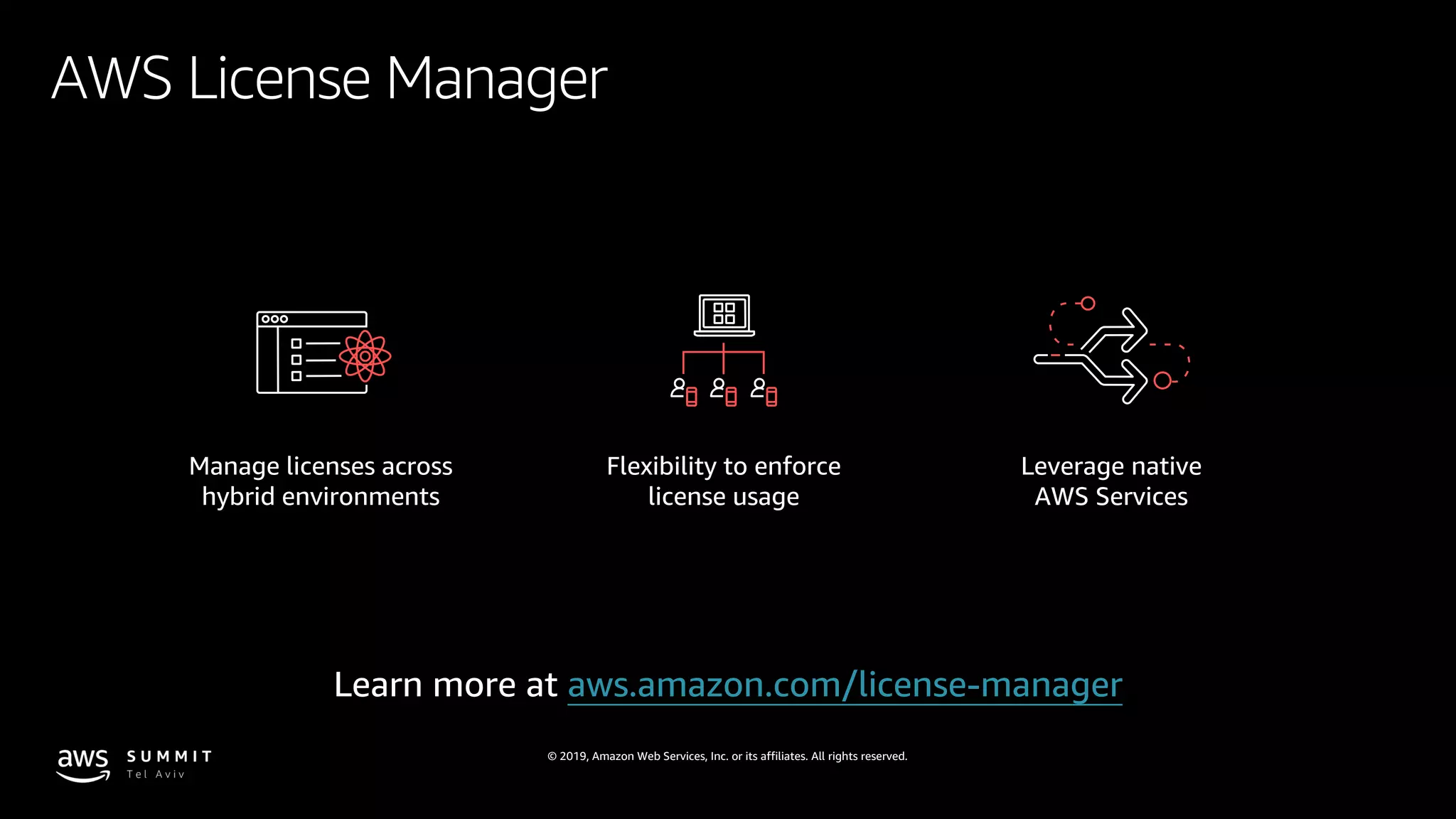 © 2019, Amazon Web Services, Inc. or its affiliates. All rights reserved.
Flexibility to enforce
license usage
AWS License Manager
Leverage native
AWS Services
Manage licenses across
hybrid environments
Learn more at aws.amazon.com/license-manager
 
