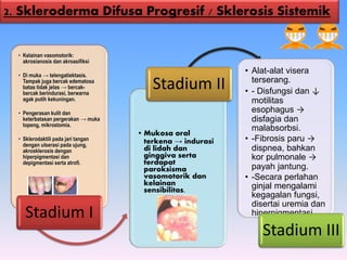 • Kelainan vasomotorik:
akrosianosis dan akroasifiksi
• Di muka → telengatiektasis.
Tampak juga bercak edematosa
batas tidak jelas → bercak-
bercak berindurasi, berwarna
agak putih kekuningan.
• Pengerasan kulit dan
keterbatasan pergerakan → muka
topeng, mikrostomia.
• Sklerodaktili pada jari tangan
dengan ulserasi pada ujung,
akrosklerosis dengan
hiperpigmentasi dan
depigmentasi serta atrofi.
Stadium I
• Mukosa oral
terkena → indurasi
di lidah dan
ginggiva serta
terdapat
paroksisma
vasomotorik dan
kelainan
sensibilitas.
Stadium II
• Alat-alat visera
terserang.
• - Disfungsi dan ↓
motilitas
esophagus →
disfagia dan
malabsorbsi.
• -Fibrosis paru →
dispnea, bahkan
kor pulmonale →
payah jantung.
• -Secara perlahan
ginjal mengalami
kegagalan fungsi,
disertai uremia dan
hiperpigmentasi
Stadium III
2. Skleroderma Difusa Progresif / Sklerosis Sistemik
 