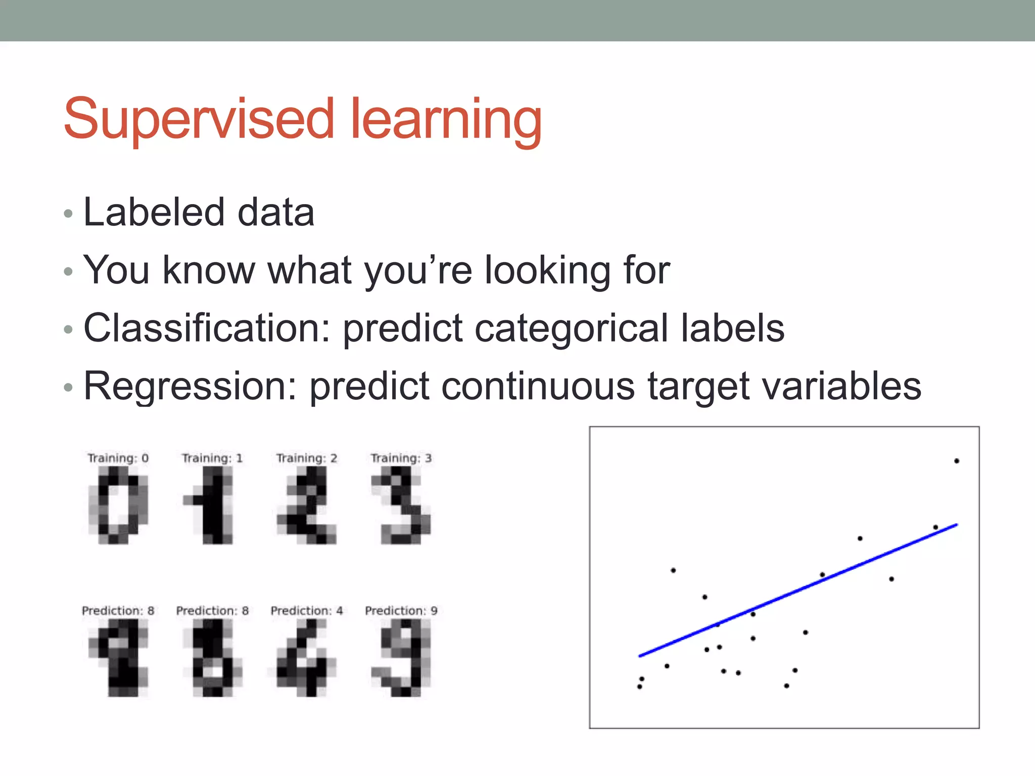 Supervised learning
• Labeled data

• You know what you’re looking for
• Classification: predict categorical labels
• Regression: predict continuous target variables

 