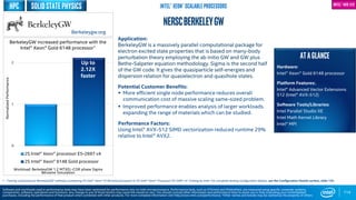 0
1
2
2S Intel® Xeon® processor E5-2697 v4
2S Intel® Xeon® 6148 Gold processor
Workload: BerkeleyGW 1.2 MTXEL-COR phase Sigma
Benzene Simulation
114
NERSCBerKELEYGW
Application:
BerkeleyGW is a massively parallel computational package for
electron excited state properties that is based on many-body
perturbation theory employing the ab initio GW and GW plus
Bethe-Salpeter equation methodology. Sigma is the second half
of the GW code. It gives the quasiparticle self-energies and
dispersion relation for quasielectron and quasihole states.
Potential Customer Benefits:
 More efficient single node performance reduces overall
communication cost of massive scaling same-sized problem.
 Improved performance enables analysis of larger workloads.
expanding the range of materials which can be studied.
Performance Factors:
Using Intel® AVX-512 SIMD vectorization reduced runtime 29%
relative to Intel® AVX2.
ATAGLANCE
Hardware:
Intel® Xeon® Gold 6148 processor
Platform Features:.
Intel® Advanced Vector Extensions
512 (Intel® AVX-512)
Software Tools/Libraries:
Intel Parallel Studio XE
Intel Math Kernel Library
Intel® MPI
Up to
2.12X
faster
BerkeleyGW increased performance with the
Intel® Xeon® Gold 6148 processor1
1 - Testing conducted on BerkeleyGW* software comparing 2S Intel® Xeon® 6148 Gold processor to 2S Intel® Xeon® Processor E5-2697 v4. Testing by Intel. For complete testing configuration details, see the Configuration Details section, slide 135.
NormalizedPerformance
Berkeleygw.org
Software and workloads used in performance tests may have been optimized for performance only on Intel microprocessors. Performance tests, such as SYSmark and MobileMark, are measured using specific computer systems,
components, software, operations and functions. Any change to any of those factors may cause the results to vary. You should consult other information and performance tests to assist you in fully evaluating your contemplated
purchases, including the performance of that product when combined with other products. For more complete information visit http://www.intel.com/performance. *Other names and brands may be claimed as the property of others
Intel® Xeon® Scalable ProcessorsSOLIDSTATEPHYSICSHPC
 