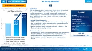 0
1
2S Intel® Xeon® processor E5-2699 v3
2S Intel® Xeon® processor E5-2697 v4
2S Intel® Xeon® Gold 6148 processor
Up to
25%
faster
116
MILC
Application:
MILC software represents a set of codes written by the MIMD Lattice
Computation (MILC) collaboration used to study quantum
chromodynamics (QCD), the theory of the strong interactions of
subatomic physics. It performs simulations of four-dimensional SU
lattice gauge theory on MIMD (Multiple Instruction, Multiple Data)
parallel machines.
Potential Customer Benefits:
 MILC applications address fundamental questions in high energy
and nuclear physics, and is directly related to major experimental
programs in these fields
 MILC is one of the largest compute cycle users at many U.S. and
European supercomputing centers
Performance Factors:
 Enabled QPhiX* Library: Provides sparse solvers and Dslash kernels
for Lattice QCD simulations optimized for Intel® architectures.
 Memory bandwidth improvements speedup application
performance by 1.9X1. The application is memory bandwidth
bound.
ATAGLANCE
Hardware:
Intel® Xeon® 6148 Gold processor
Platform Features:
Memory Bandwidth
Software Tools/Libraries
Intel® Parallel Studio XE 2017 Cluster
Edition update 2
Intel® MPI
QPhiX Library
MILC increased performance with the Intel®
Xeon® 6148 Gold processor
More info
 Performance Recipe - here
NormalizedPerformance
Software and workloads used in performance tests may have been optimized for performance only on Intel microprocessors. Performance tests, such as SYSmark and MobileMark, are measured using specific computer systems,
components, software, operations and functions. Any change to any of those factors may cause the results to vary. You should consult other information and performance tests to assist you in fully evaluating your contemplated
purchases, including the performance of that product when combined with other products. For more complete information visit http://www.intel.com/performance. *Other names and brands may be claimed as the property of others
Intel® Xeon® Scalable Processors
http://physics.indiana.edu/~sg/milc.html
Quantum chromodynamics
Workload: ks_imp_rhmc, Lattice Size: 24 ^ (4)
multi-gen
Up to
90%
faster
1 - Testing conducted on MILC* software comparing 2S Intel® Xeon® 6148 Gold processor to 2S Intel® Xeon® processor E5-2699 v3 and to 2S Intel® Xeon® processor E5-2697 v4. Testing by Intel. For complete testing configuration details, see the Configuration
Details section, slide 135.
1.52X
HPC
 