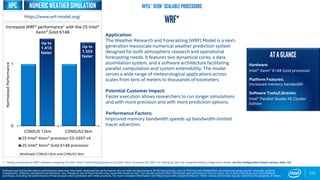 0
1
CONSUS 12km CONSUS2.5km
2S Intel® Xeon® processor E5-2697 v4
2S Intel® Xeon® Gold 6148 processor
NormalizedPerformance
Increased WRF* performance1 with the 2S Intel®
Xeon® Gold 6148
133
WRF*
Application:
The Weather Research and Forecasting (WRF) Model is a next-
generation mesoscale numerical weather prediction system
designed for both atmospheric research and operational
forecasting needs. It features two dynamical cores, a data
assimilation system, and a software architecture facilitating
parallel computation and system extensibility. The model
serves a wide range of meteorological applications across
scales from tens of meters to thousands of kilometers.
Potential Customer Impact:
Faster execution allows researchers to run longer simulations
and with more precision and with more prediction options.
Performance Factors:
Improved memory bandwidth speeds up bandwidth-limited
tracer advection.
ATAGLANCE
Hardware:
Intel® Xeon® 6148 Gold processor
Platform Features:.
Increased memory bandwidth
Software Tools/Libraries:
Intel® Parallel Studio XE Cluster
Edition
Up to
1.41X
faster
Software and workloads used in performance tests may have been optimized for performance only on Intel microprocessors. Performance tests, such as SYSmark and MobileMark, are measured using specific computer systems,
components, software, operations and functions. Any change to any of those factors may cause the results to vary. You should consult other information and performance tests to assist you in fully evaluating your contemplated
purchases, including the performance of that product when combined with other products. For more complete information visit http://www.intel.com/performance. *Other names and brands may be claimed as the property of others
Intel® Xeon® Scalable ProcessorsNumeric WeatherSimulation
https://www.wrf-model.org/
Up to
1.35X
faster
Workload: CONUS12km and CONUS2.5km
1 - Testing conducted on WRF* software comparing 2S Intel® Xeon® Gold 6148 processor to 2S Intel® Xeon® processor E5-2697 v4. Testing by Intel. For complete testing configuration details, see the Configuration Details section, slide 135.
HPC
 